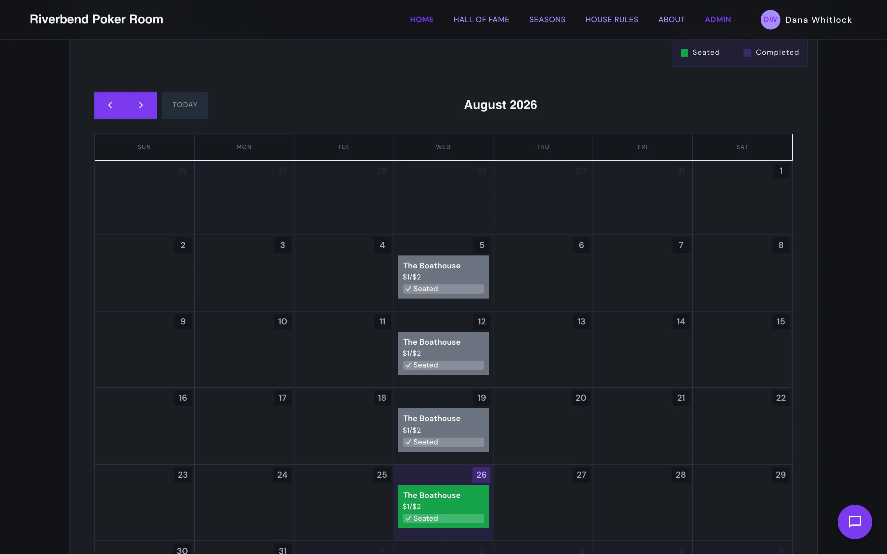 The OnTheButton dashboard, listing every upcoming game, who has RSVPed, and what the room currently owes.