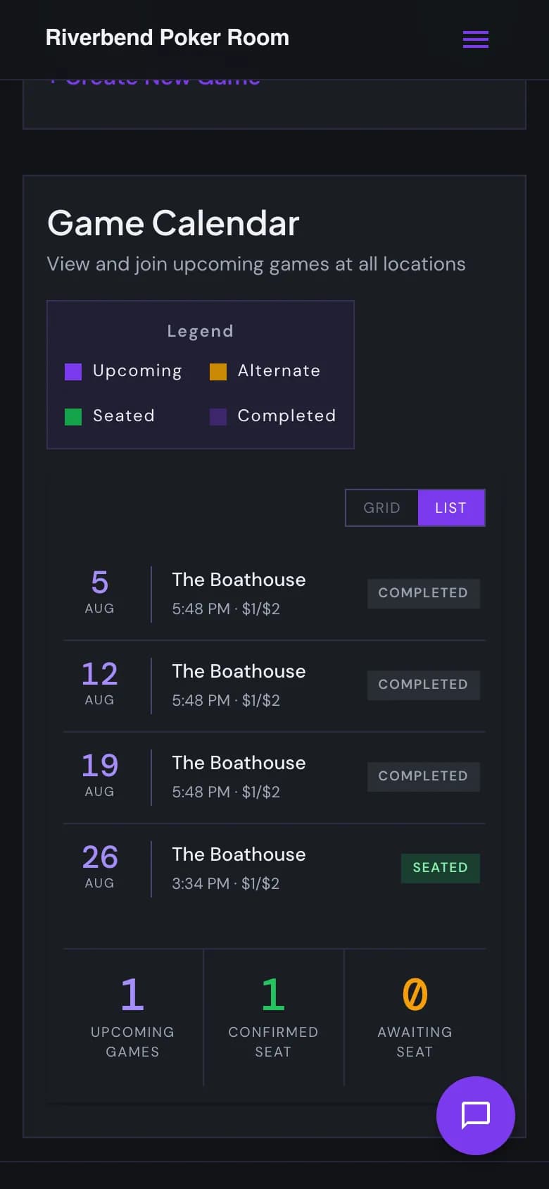 The OnTheButton dashboard on a phone, showing the month's games at a glance.
