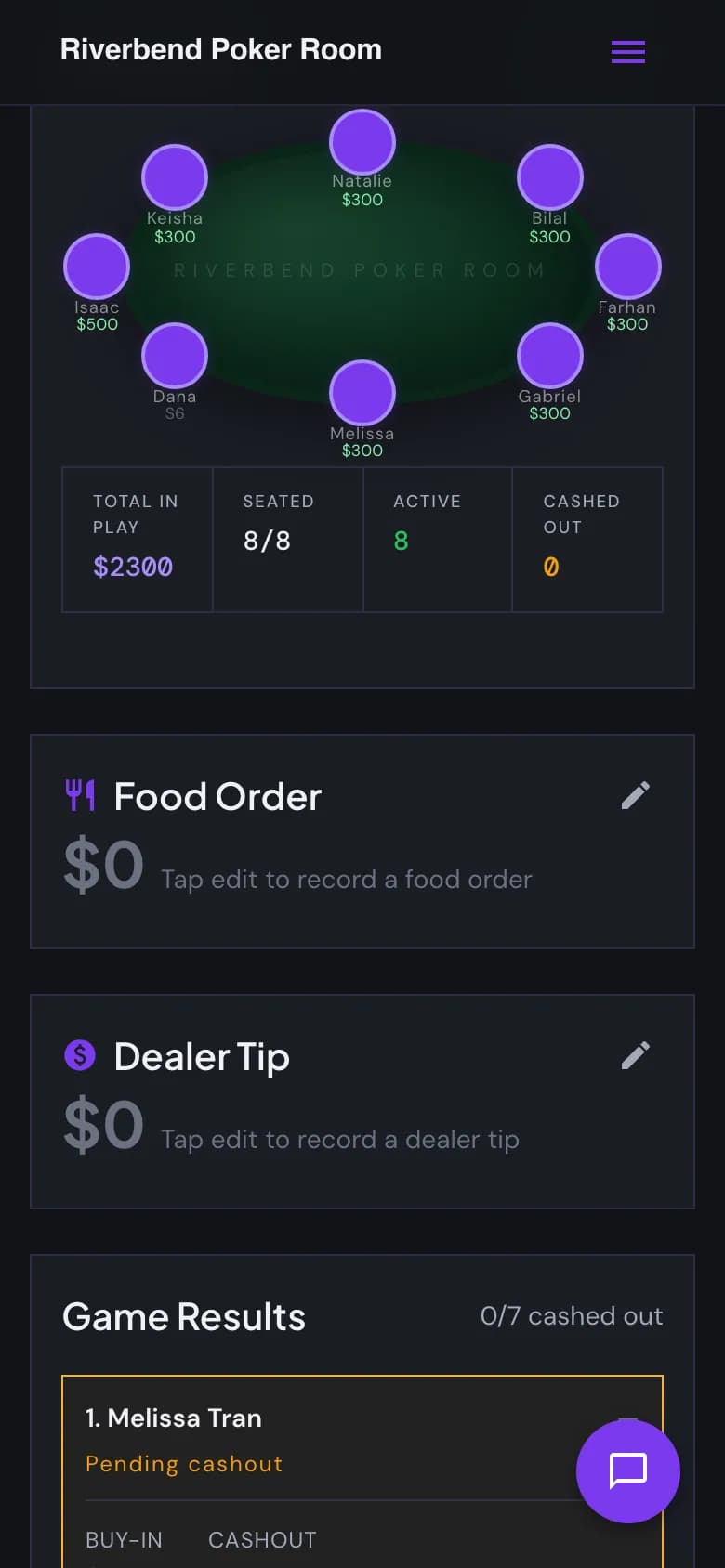 A live poker game in OnTheButton: seated players, buy-ins and each player's current stack