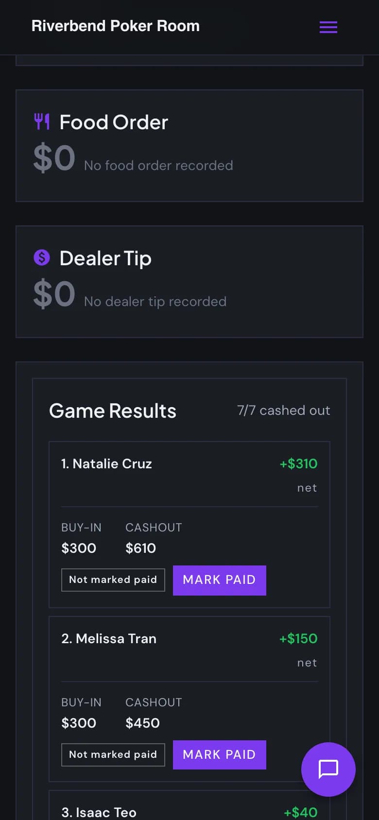 A game's settle-up screen on a phone, showing the shortest list of who pays whom.
